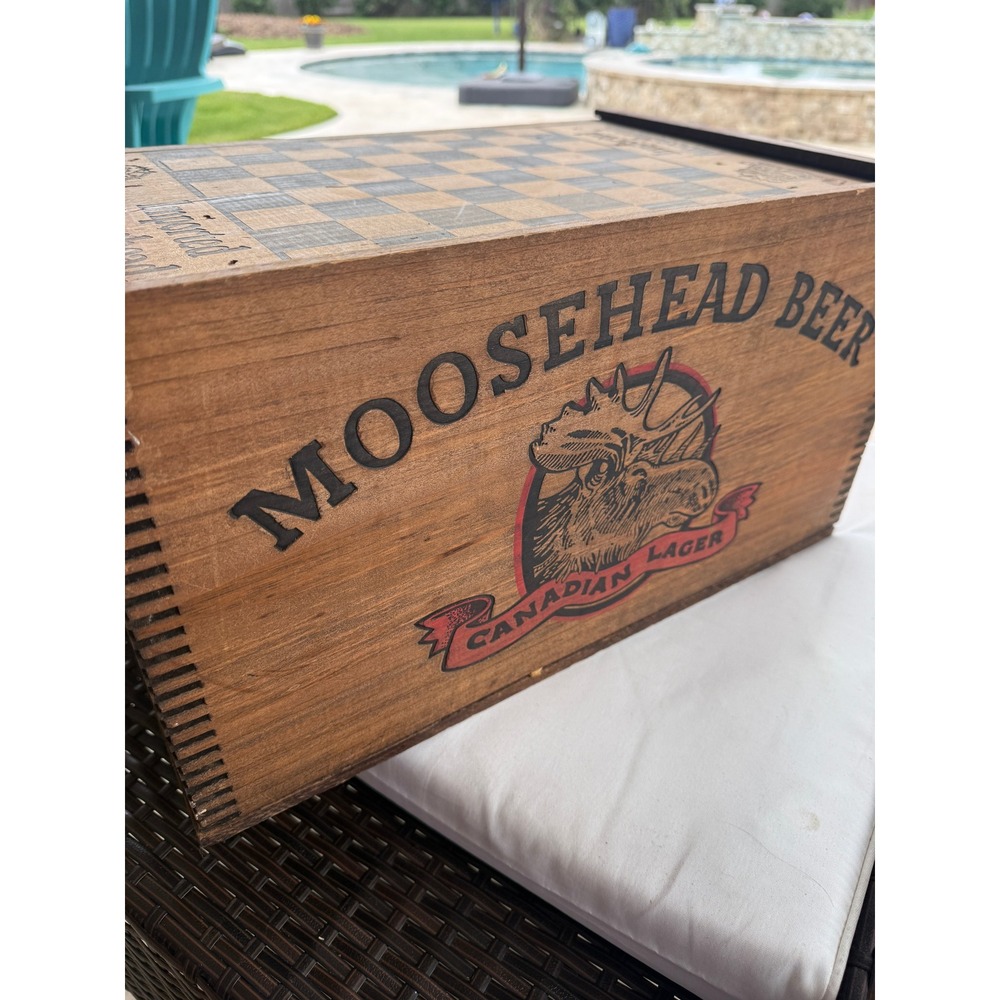 Moosehead Beer Vintage Wooden Crate Storage Box with Checker Chess Board Lid